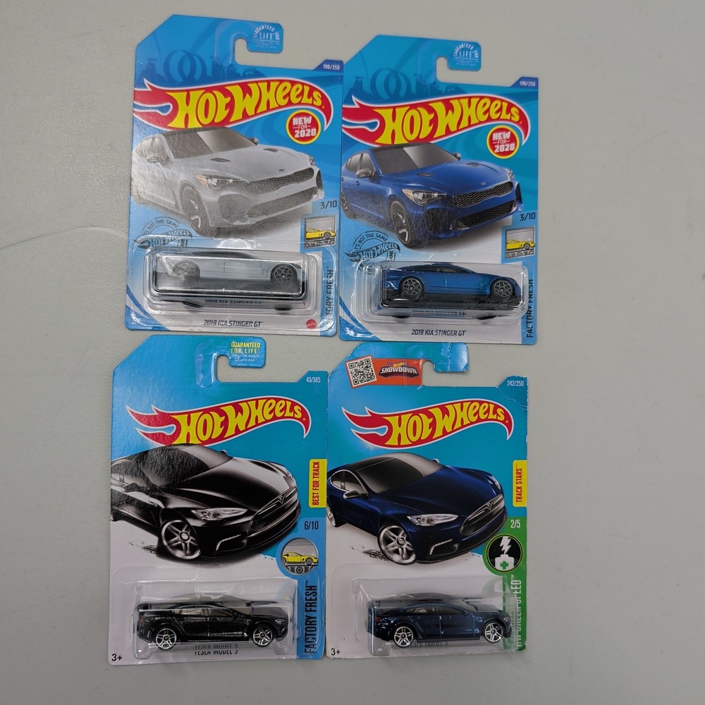 Hot Wheels Lot 4 Kia Stinger GT Tesla Model S Grey Blue Black Diecast 1:64